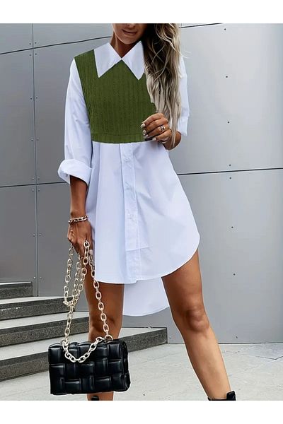 mazıdağı Women's Long Sleeve Shirt Collar Double Color Tricotine Dress