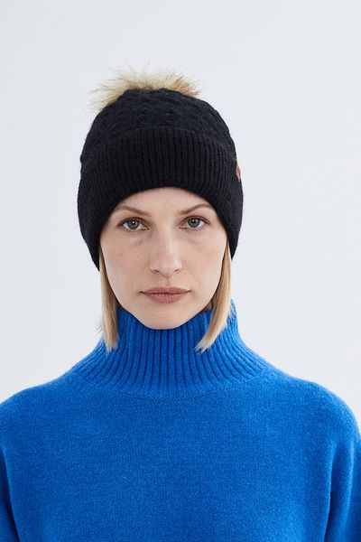 Nordbron Basic Cambria with Black Knitwear Pompom - Stretchy, Soft Beanie with Logo, Winter Fold