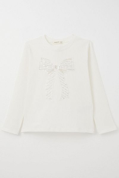 Breeze Sequin T-Shirt for Girls Ages 9-14 - Long Sleeve, Tulle Bow, Ecru