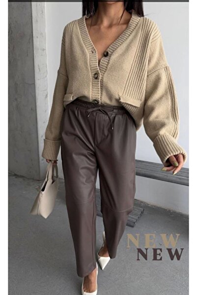 Selence Brown Leather Trousers - Elastic Waist