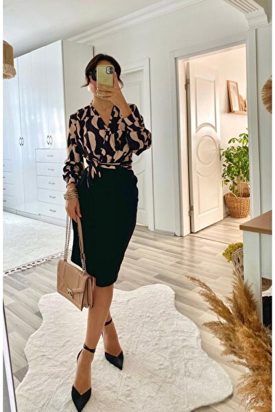 Viyamo Women's Long Sleeve Double Breasted Collar Digital Printed Bow Detail Diving Fabric Dress