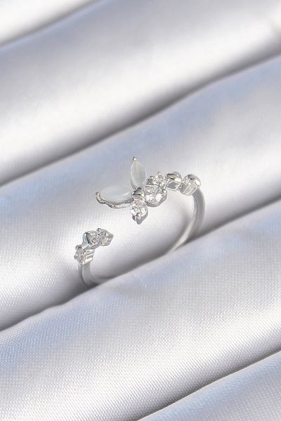 Clariss Brass Silver Color Zircon Stone Detailed White Enamel Model Women's Ring
