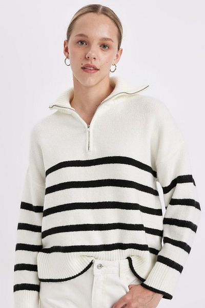 DeFacto Striped Oversize Knitwear Sweater - Half Zip, Stand Collar A7173Ax24Wner103