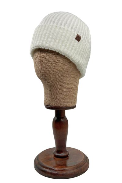 Sofist İstanbul Ecru Unisex Beanie Ecru Leather Label Detailed Soft Wash Wool and Folded Knitted Beanie