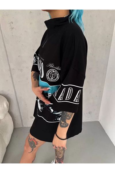 Modayakamoz Μπλουζάκι Unisex με στάμπα με μισό φερμουάρ - Μαύρο