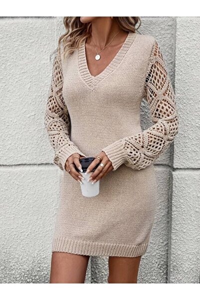 BEYD Γυναικείο Μίνι Πλεκτό Φόρεμα με μακρυμάνικο V λαιμόκοψη