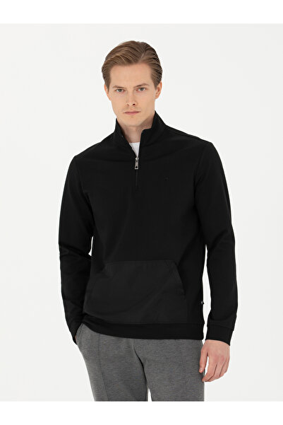 Cacharel Siyah Regular Fit Yarım Fermuarlı Cepli Sweatshirt 50276174-VR046