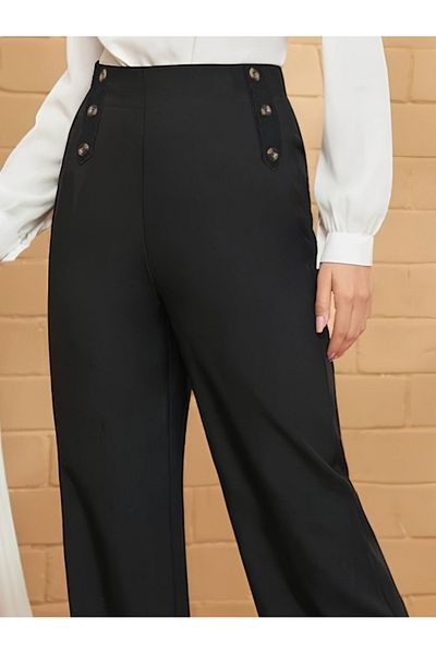 JANES Women's Button Detail Wide Leg Imported Crepe Trousers
