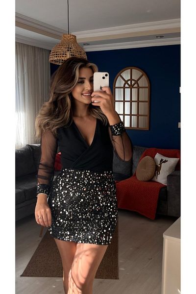 MODAVERA Women's Long Sleeve V Neck Top Crepe Bottom Sequin Short Dress