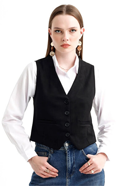 İKLİM LİFE Кнопкована замшева жилетка