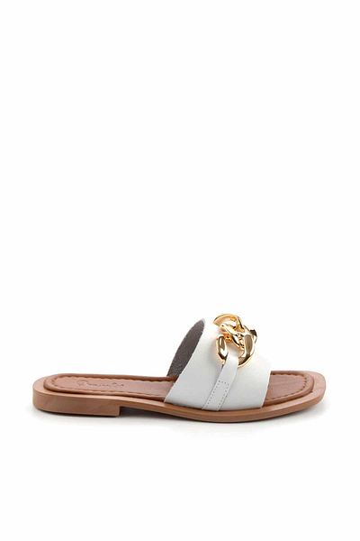 Bambi White Genuine Leather Women's Slippers K04826017403