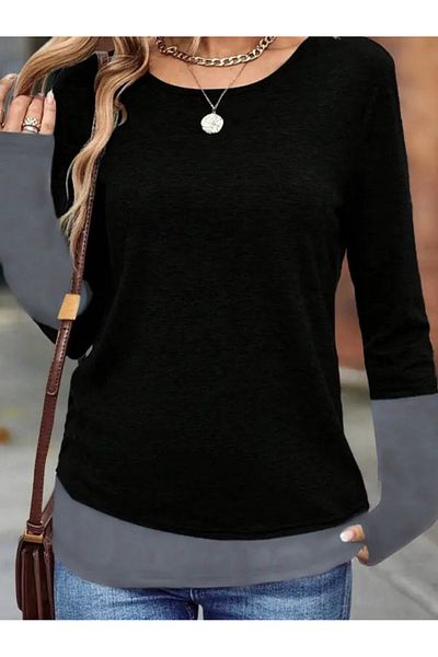 İpeksi Silky Women's Long Sleeve Open Round Neck Color Block Viscose Blouse