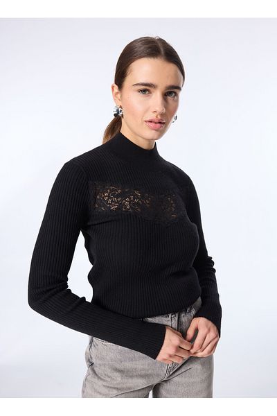 Sisley Pulover negru strâns cu gât pentru femei 1M9AL201V