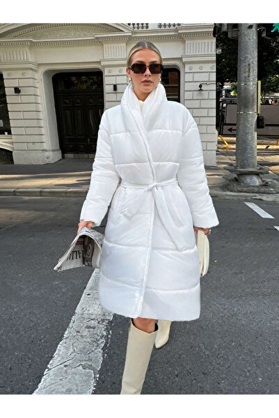 SERBA Ray Pattern Waist Tie Quilted Coat