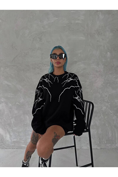 Gökyüzü Moda Lightning Printed Crew Neck Sweatshirt - Black