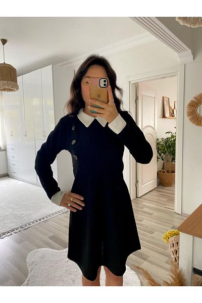 İpeksi Silky Women's Long Sleeve Collared A-Line Short Imported Crepe Dress