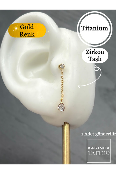 Karınca Piercing Sallantılı Zincir Damla Taşlı Titanyum Piercing Kulak Küpesi Earcuff Conch Flat Forward Helix Tragus