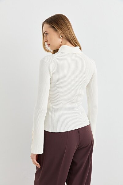 Dilvin 10637 Polo Neck Buttoned Corded Fabric Knitwear Sweater