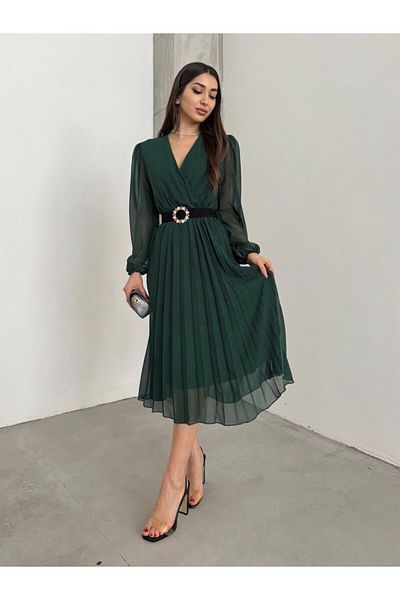 Moda Asmira Women's chiffon fabric lined flared cut double breasted collar midi length dress