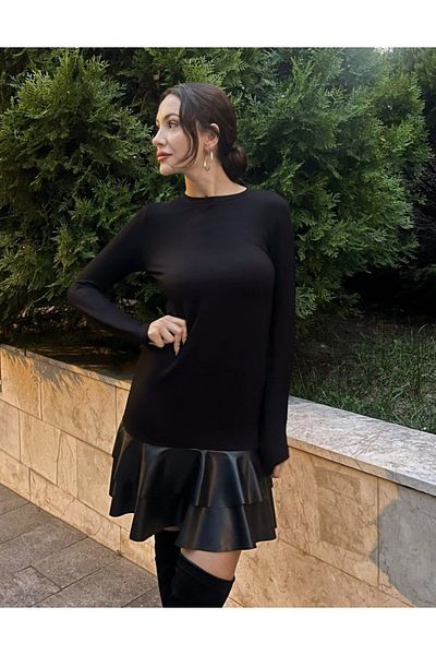 MODAVERA Women's Long Sleeve Crew Neck Top Viscose Hem Leather Short Dress