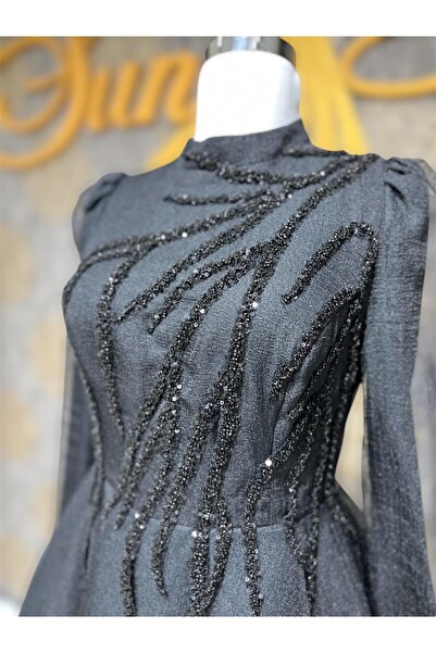 MODA Siyah Midi Boy Taş Detaylı Tül Tesettür Abiye Nişanlık