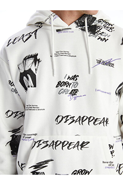 LC Waikiki Ανδρικό φούτερ με κουκούλα LCW Casual Ecru με μακριά μανίκια με τύπωμα