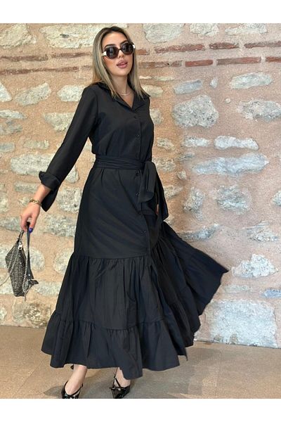İpeksi Silky Women's Long Sleeve Skirt Ruffled Waist Belted Tricot Full Length Shirt Dress