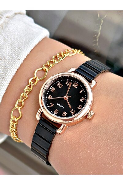 Tisaati حافظة معدنية بأرقام سلسلة كلاسيكية - ساعة يد نسائية وسوار هدية