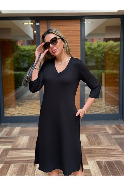 REKA MODA Women's Long Sleeve V Neck Side Slit Viscose Two Thread Midi Dress