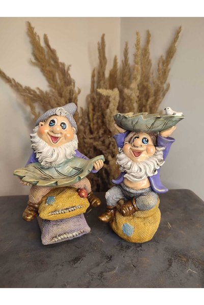 Gardenya Minder ( Çuval ) Figürlü Gnome Şans Cücesi Dekoratif Obje & Biblo 2 ' Li Takım