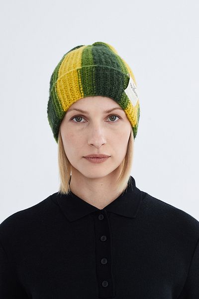 Nordbron Women &Apos; S Knitwear in Khaki - Acrylic Stretchy Beret with Logo, Color Block Winter Linje
