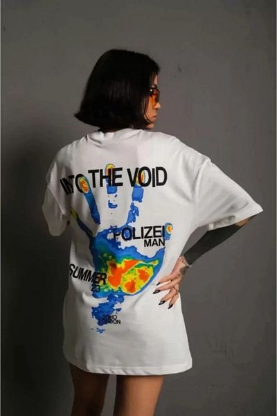 Viyamo Λευκό μπλουζάκι Unisex Oversize με στάμπα με λαιμόκοψη