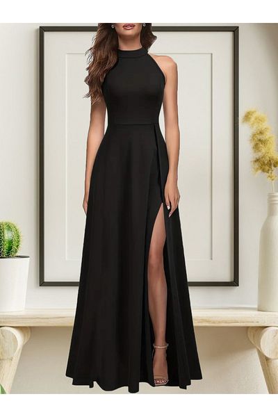 Kokosh moda Ολόσωμο κρεπ γυναικείο βραδινό φόρεμα με λαιμόκοψη και βαθύ σκίσιμο