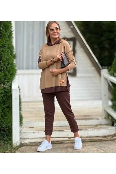 Viyamo Γυναικεία διπλή φόρμα με κουκούλα καφέ με λεπτομέρεια Arma αντίστροφη ραφή