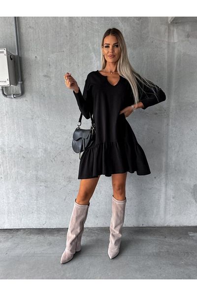 İpeksi Silky Women's Long Sleeve V Neck Skirt Shirring Flared Two Thread Mini Length Dress