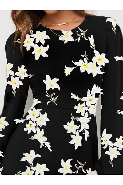 Kokosh moda Rochie scurtă din crep, cu mânecă lungă, cu decolteu, cu imprimeu