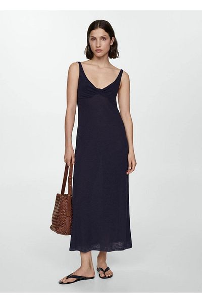 MANGO Woman Λινό φόρεμα με κόμπους