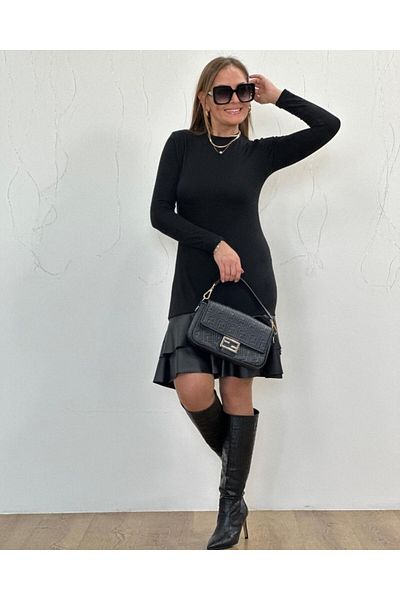 İpeksi Silky Women's Long Sleeve Crew Neck Top Viscose Hem Leather Short Dress
