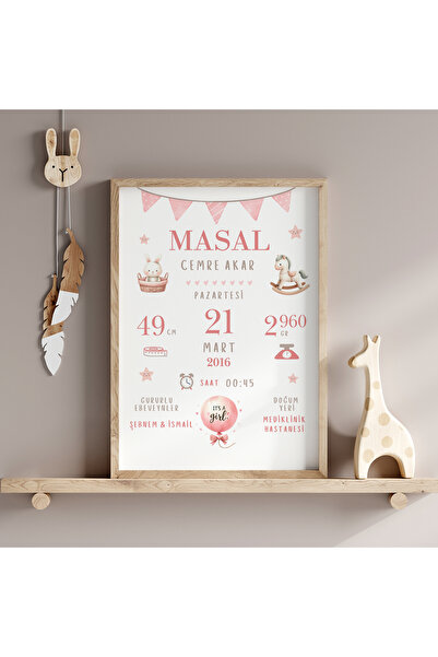 CKA Tasarım Pembe Bayraklı Doğum Tablosu, Bebek Doğum Hatırası Tablosu