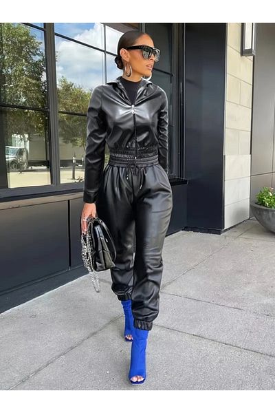 kiyemi eyesof Jachetă cu glugă cu mânecă lungă pentru femei, pantaloni cu talie și picioare elastice, costum dublu din piele