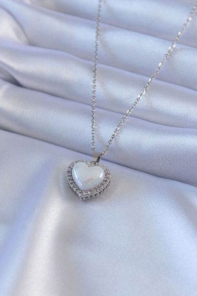 Store 316L Steel Silver Color Pearled Heart Model Zircon Stone Women's Necklace