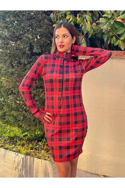 Vogueway Women's Long Sleeve Zippered Plaid Printed Diving Dress