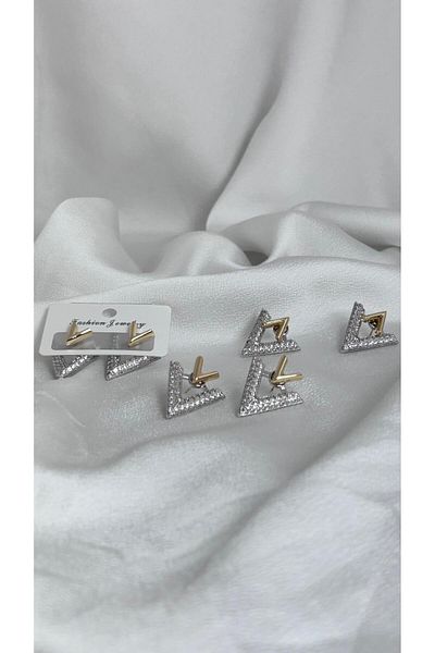 NİSA HOME Two Color Detailed V Model Design Earrings Stylish Design Gift for Lover