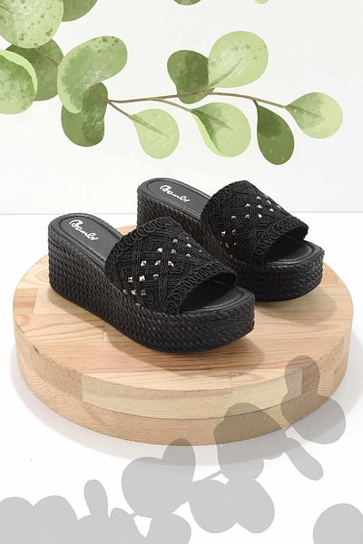 Bambi Schwarze gestrickte Damenhausschuhe K 04823071116