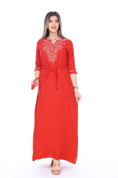 mervemoda Rochie lungă cu centură de paie cu broderie țesută de vară