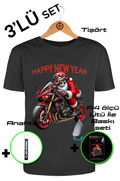 Motosiklet T-shirt Motosiklet Temalı Yeni Yıl 3'lü Tişört Anahtarlık ve Tekstil Baskı Seti