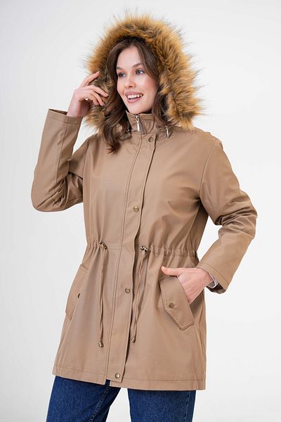 Butik Women's Plus Size Fur Lined Pocket Snap Fastener Waist Lace up Coat Coat