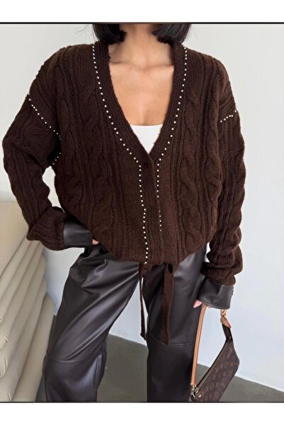 Selence Deri detaylı bağcıklı zımbalı hırka kahverengi