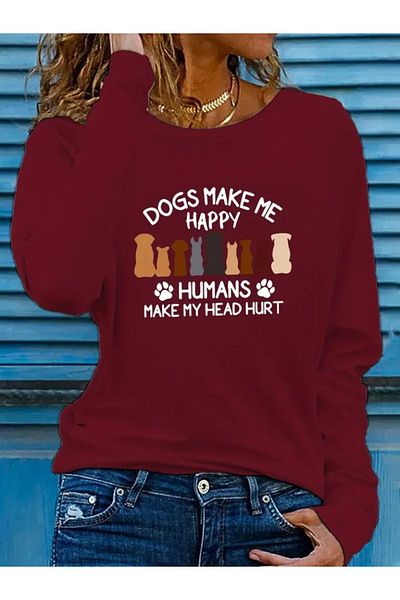 İpeksi Silky Women's Long Sleeve Crew Neck Dog Picture Viscose Blouse