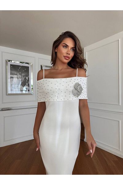 asyadabutik Rochie de damă cu design special, guler Carmen, din țesătură scuba importată, cu detaliu trandafir